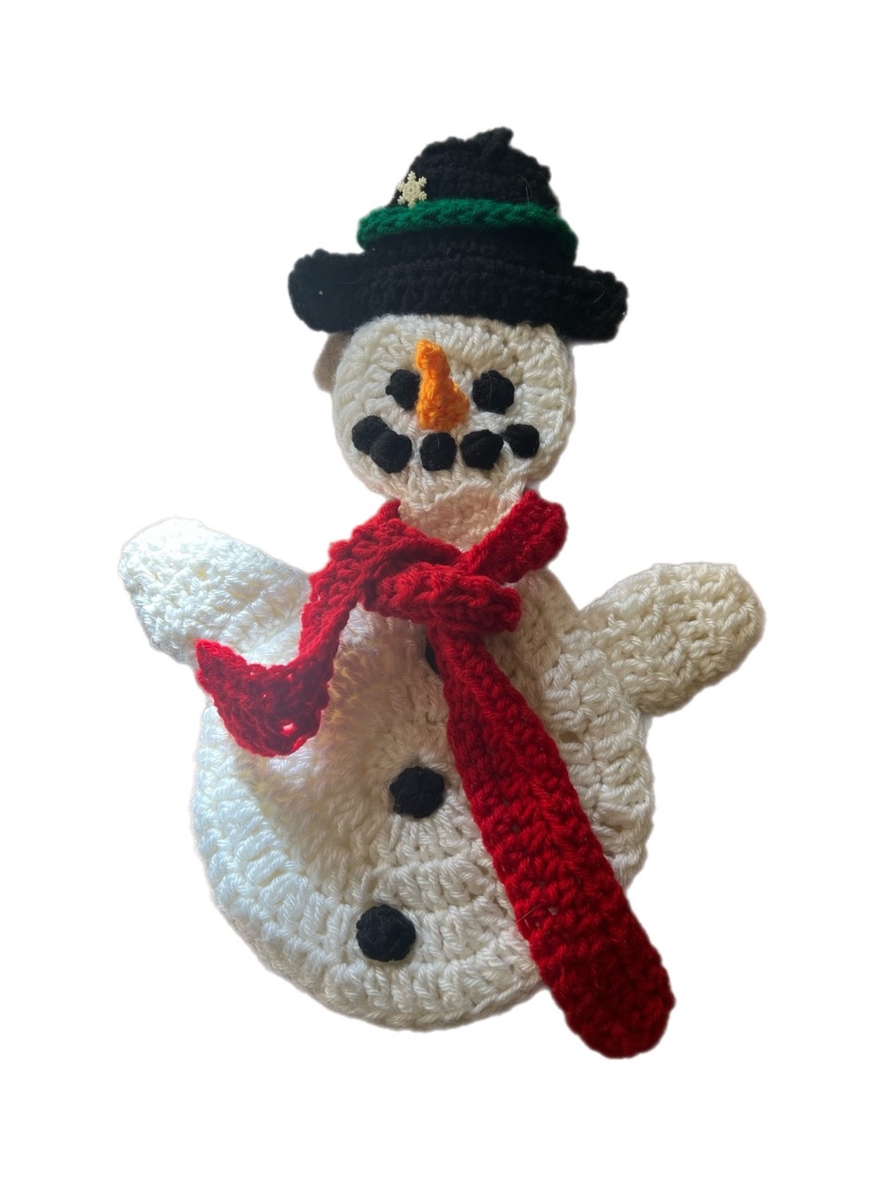 Handmade White Crocheted Snowman with Red Scarf and Black Hat